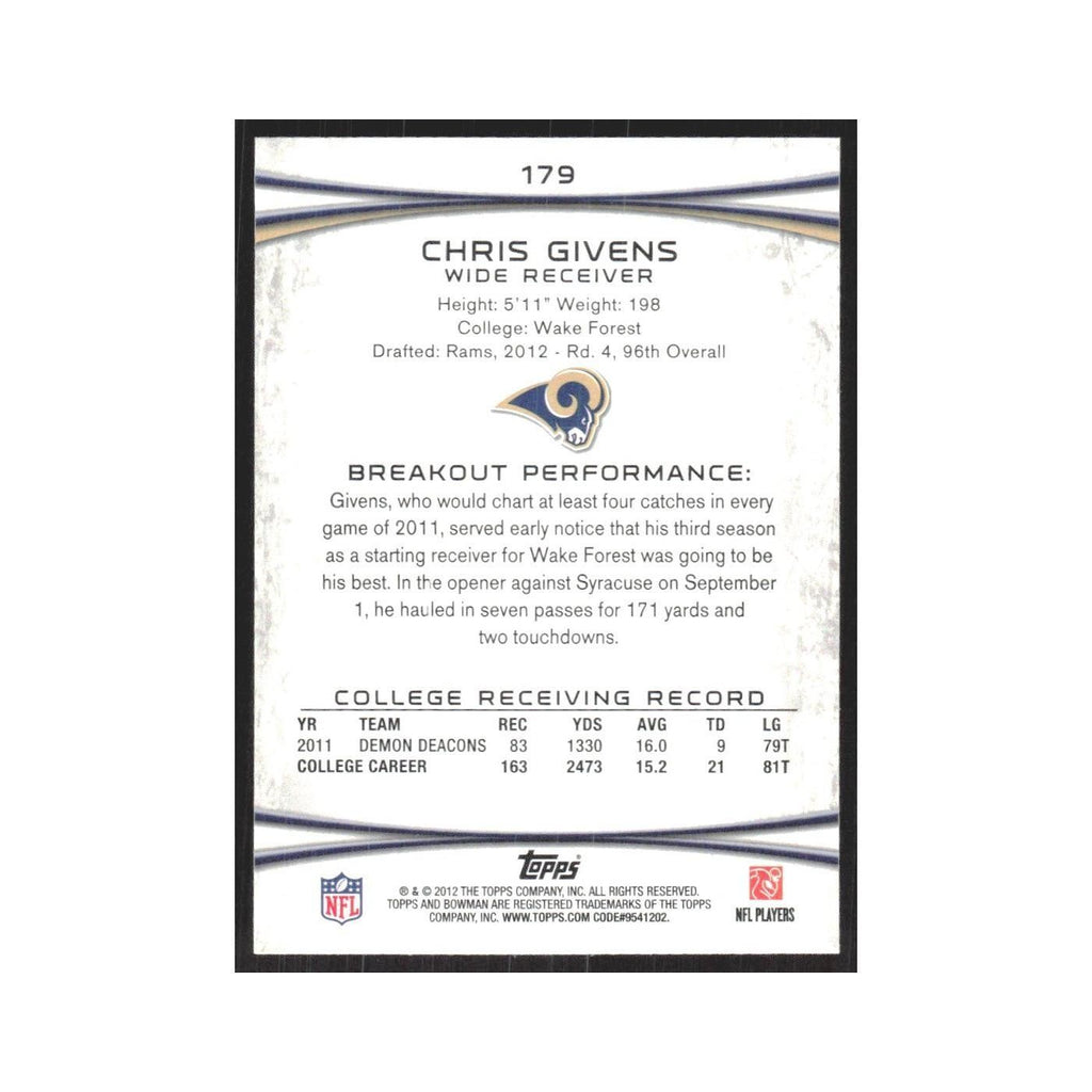 2012 Bowman Chris Givens RC St. Louis Rams #179