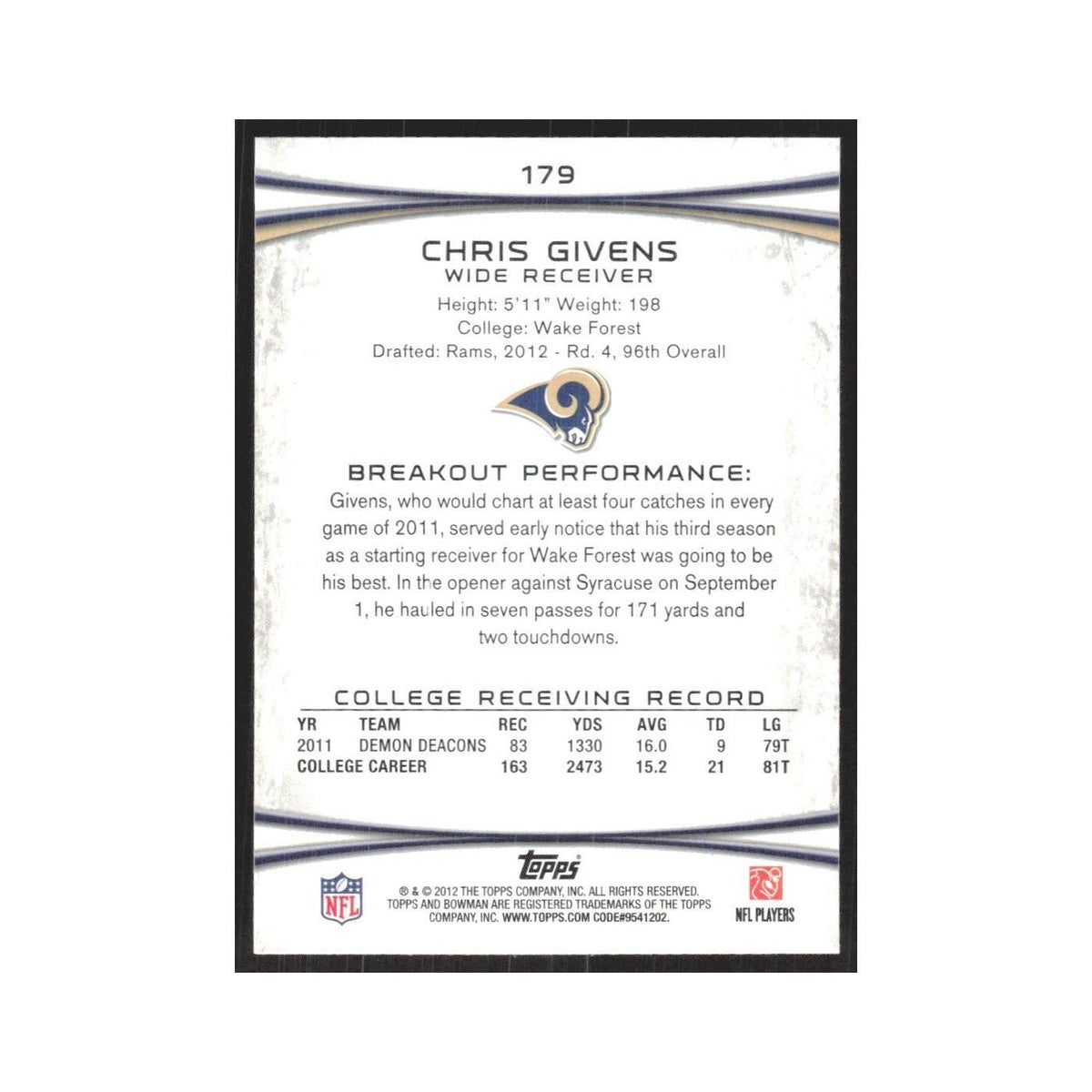 2012 Bowman Chris Givens RC St. Louis Rams #179