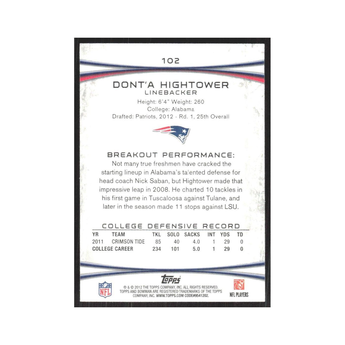 2012 Bowman Dont'a Hightower RC Patriots #102