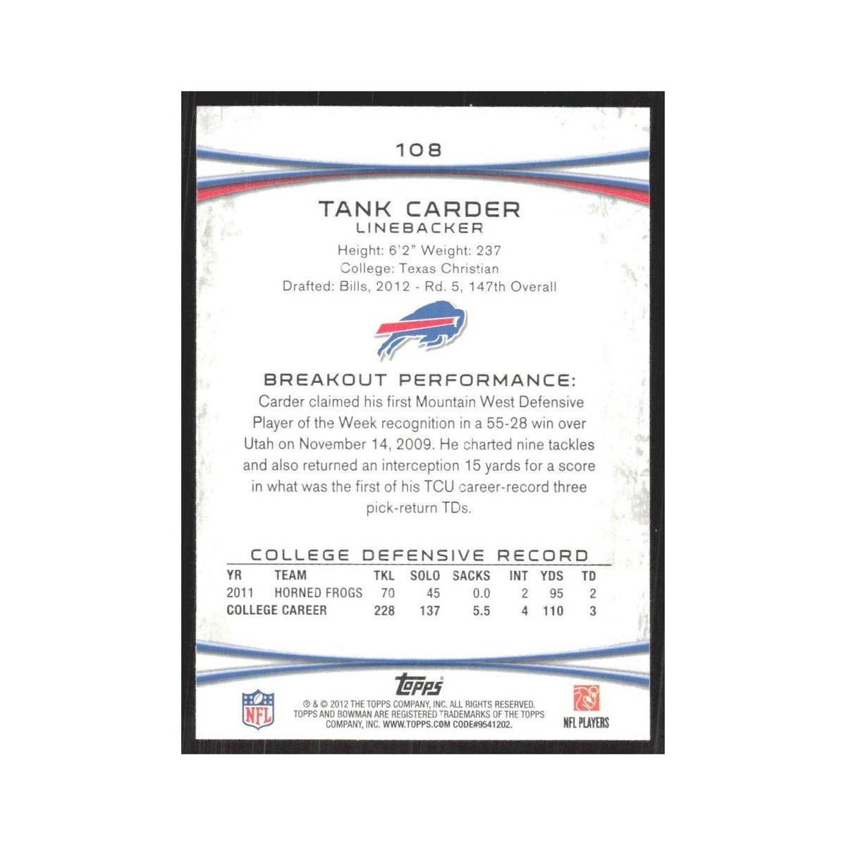 2012 Bowman Tank Carder RC Bills #108