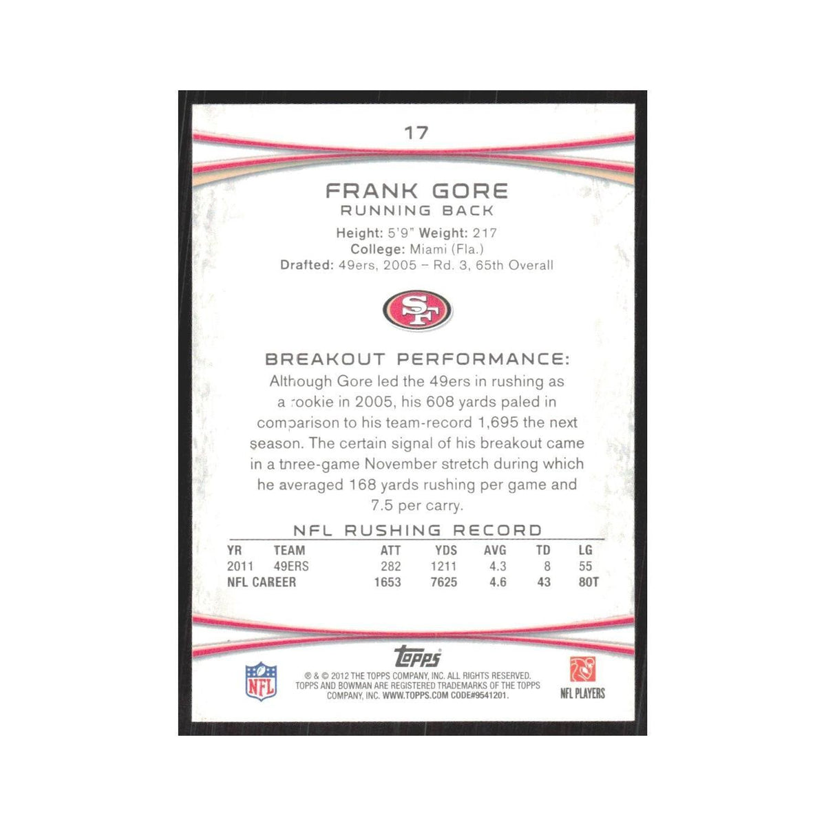 2012 Bowman Frank Gore 49ers #17