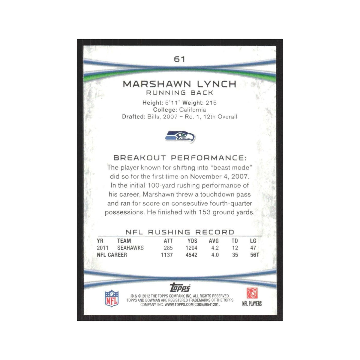 2012 Bowman Marshawn Lynch Seahawks #61