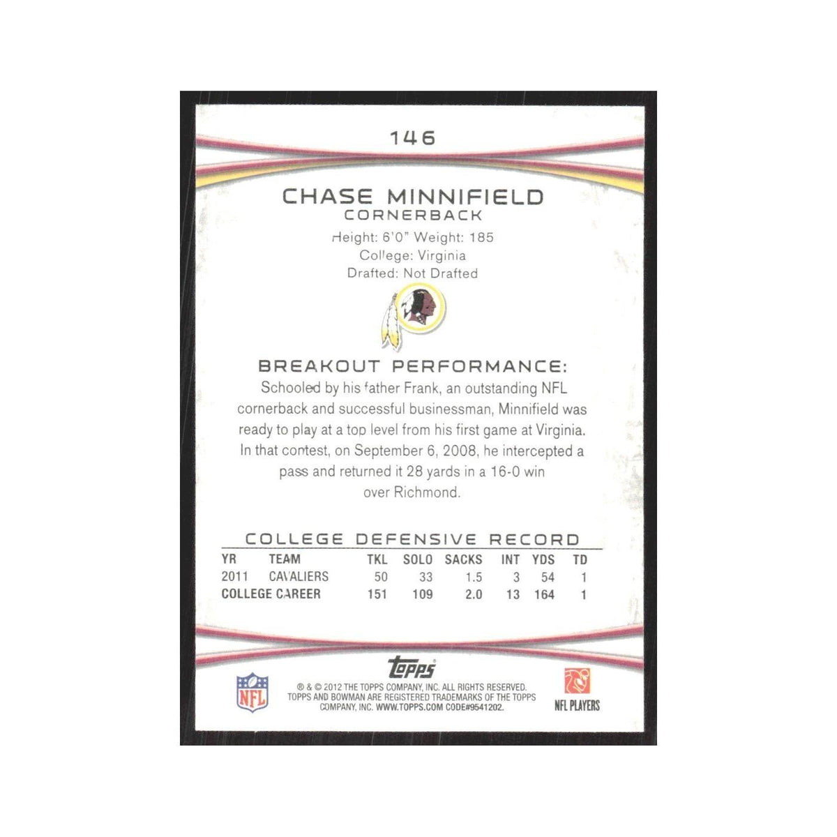 2012 Bowman Chase Minnifield RC Redskins #146