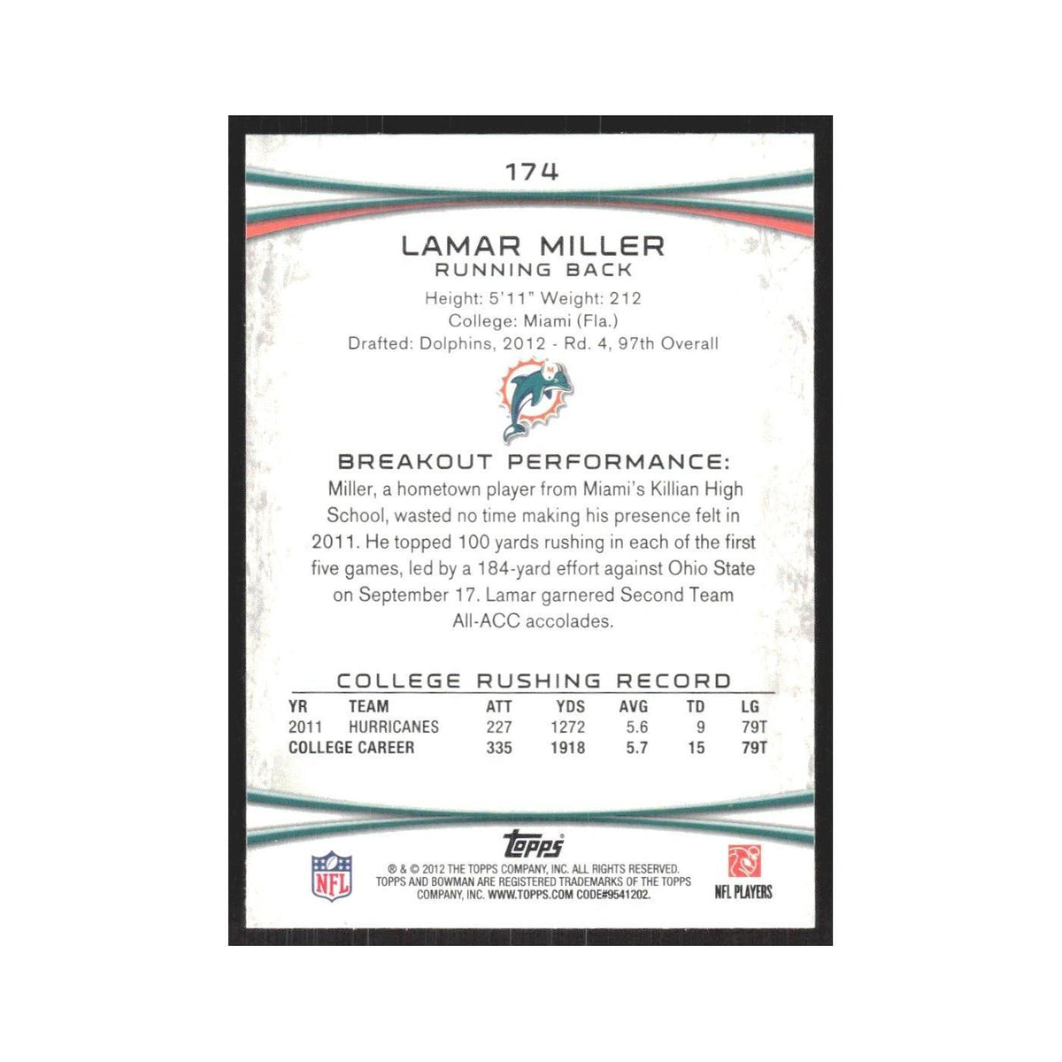 2012 Bowman Lamar Miller RC Dolphins #174