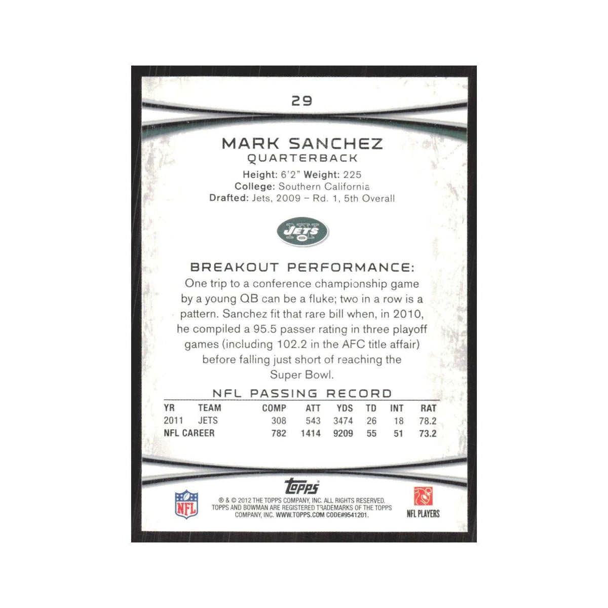 2012 Bowman Mark Sanchez Jets #29