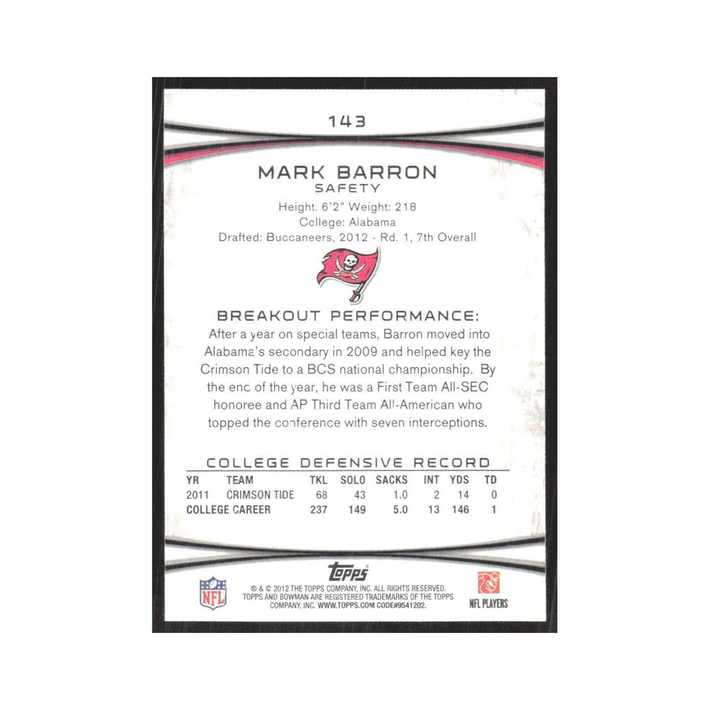 2012 Bowman Mark Barron RC Buccaneers #143