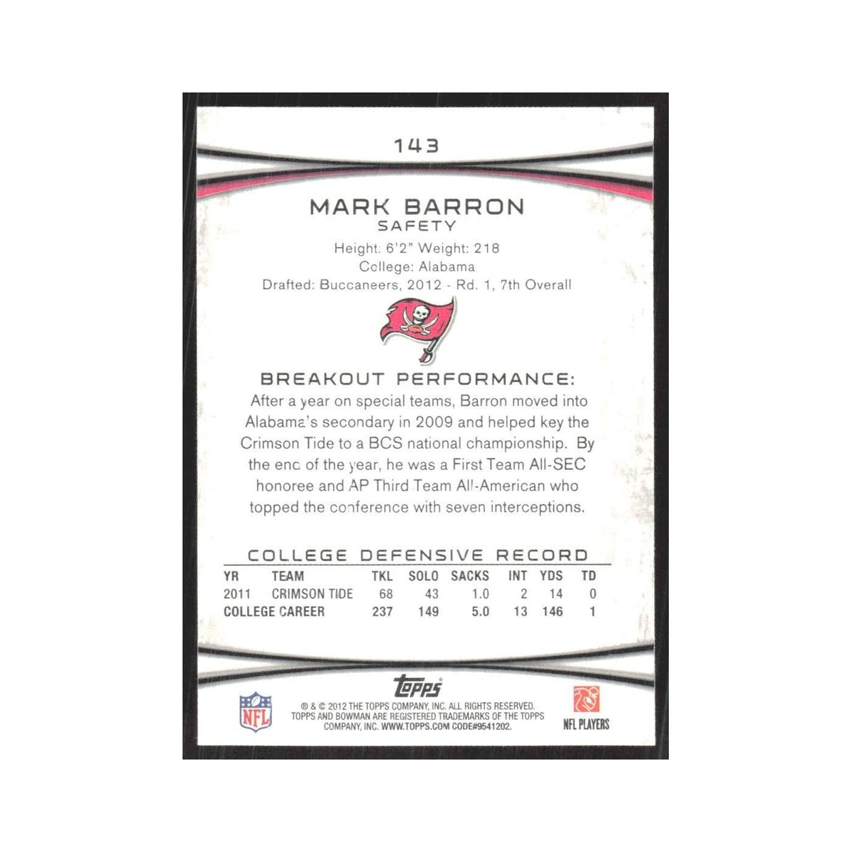 2012 Bowman Mark Barron RC Buccaneers #143