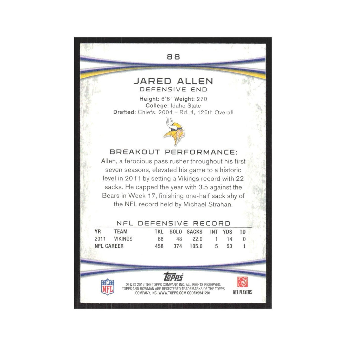 2012 Bowman Jared Allen Vikings #88