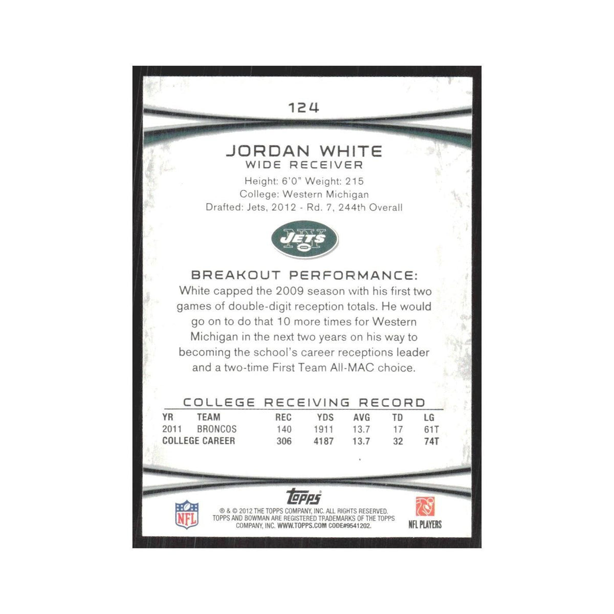 2012 Bowman Jordan White RC Jets #124