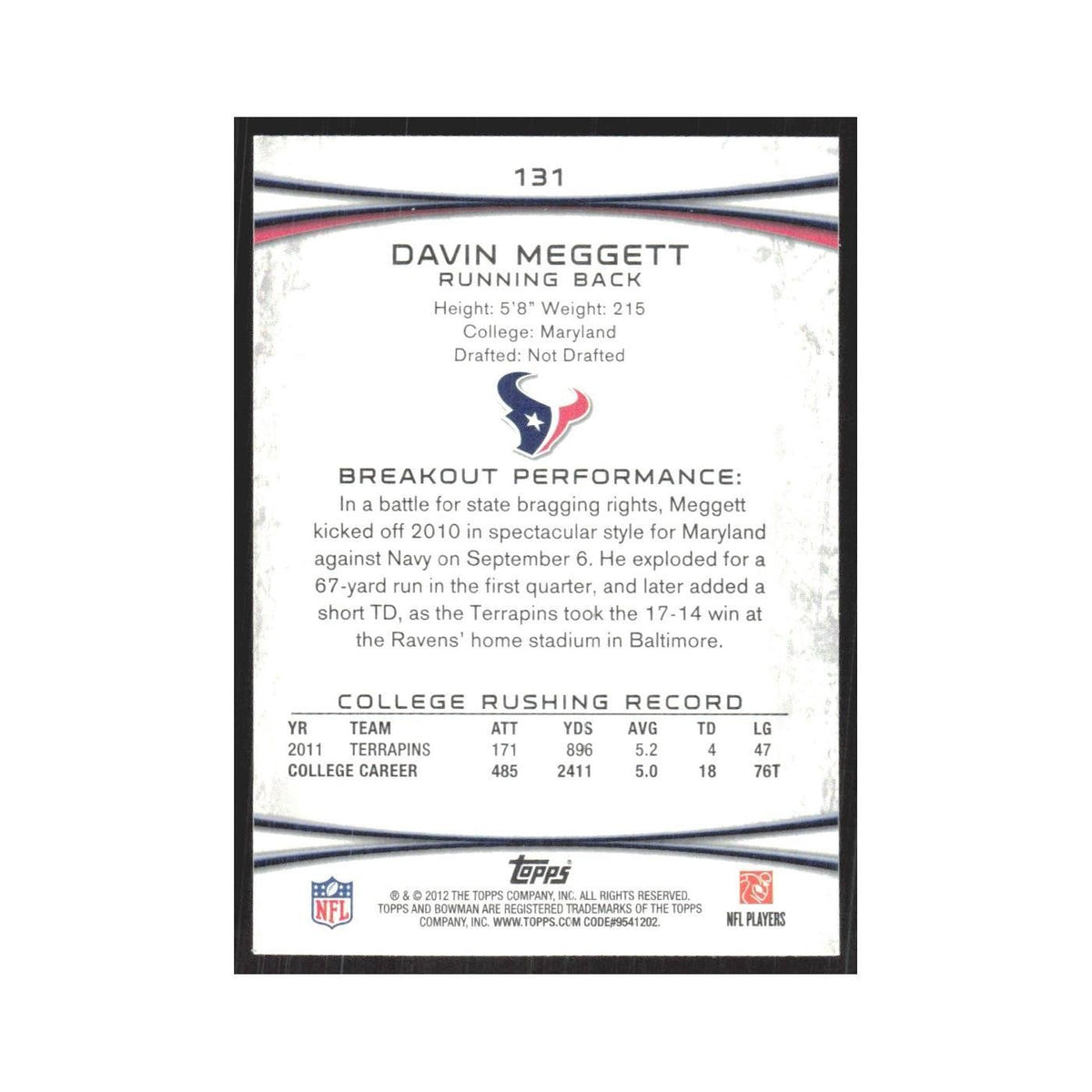 2012 Bowman Davin Meggett RC Texans #131
