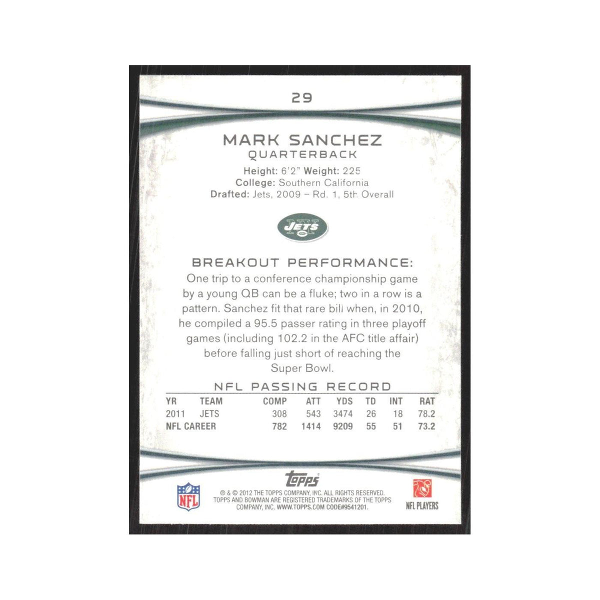 2012 Bowman Mark Sanchez Jets #29