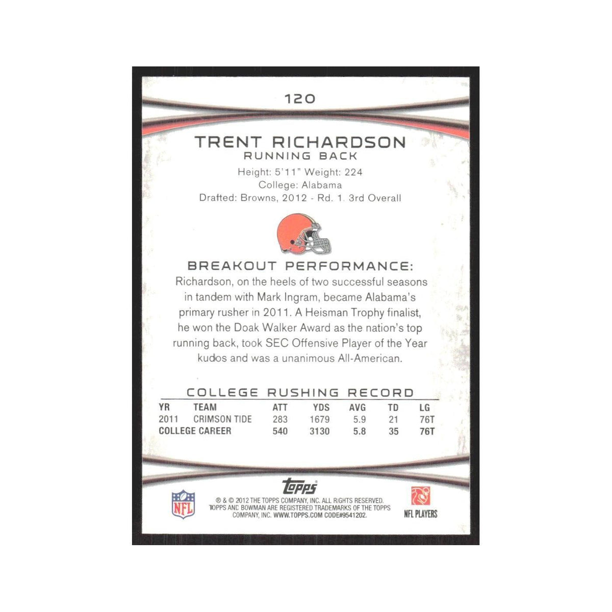 2012 Bowman Trent Richardson RC Browns #120