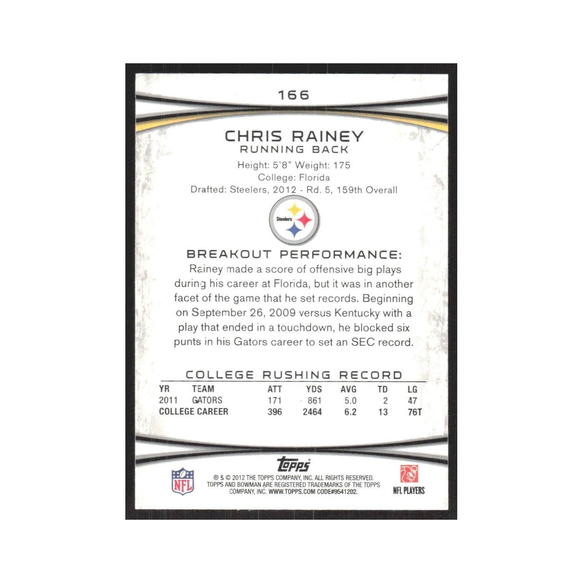 2012 Bowman Chris Rainey RC Steelers #166