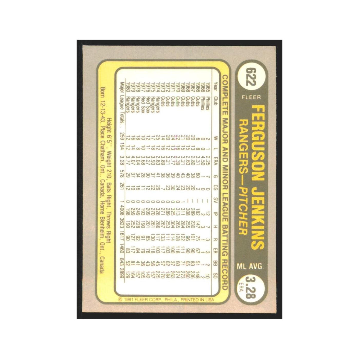1981 Fleer Ferguson Jenkins Rangers #622