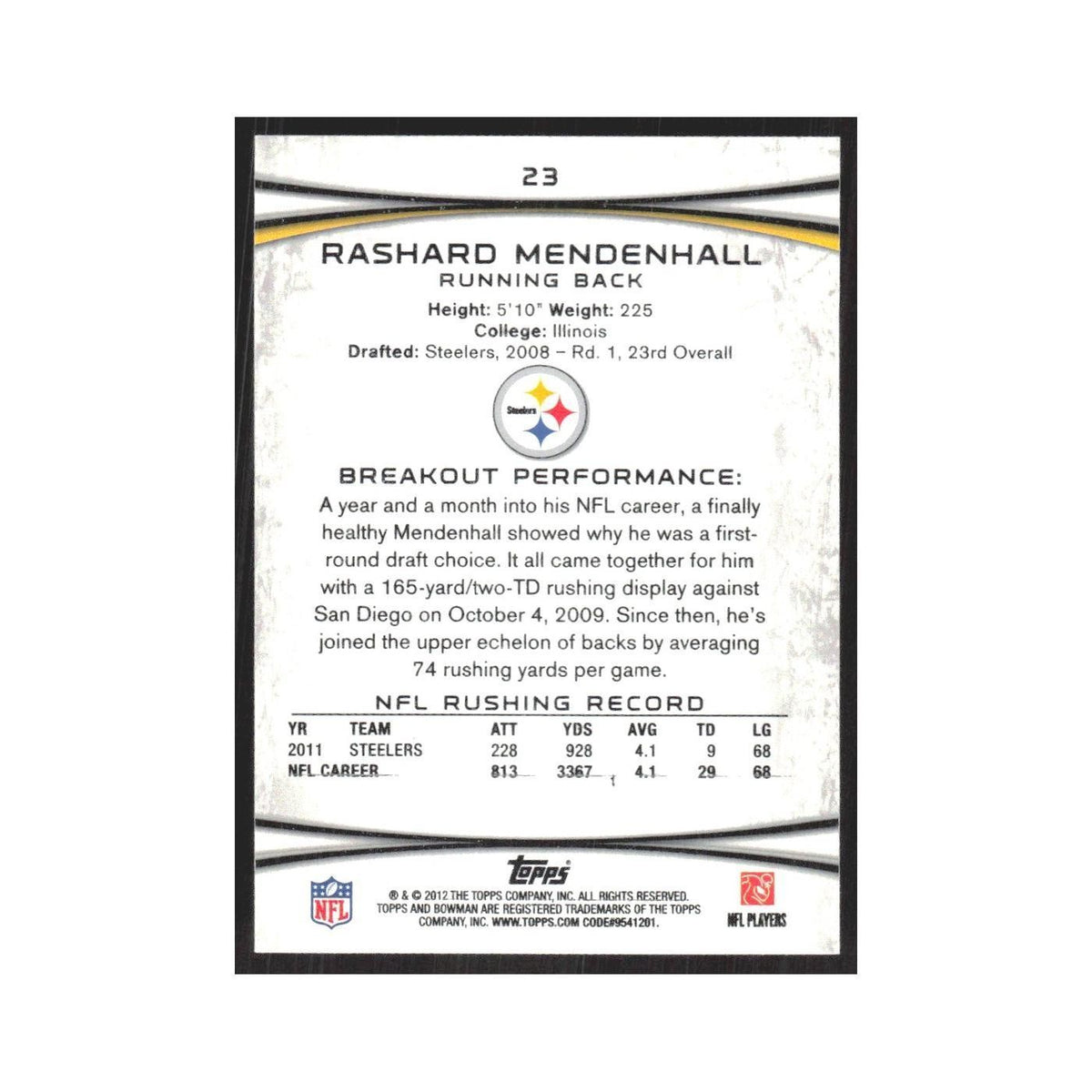2012 Bowman Rashard Mendenhall Steelers #23