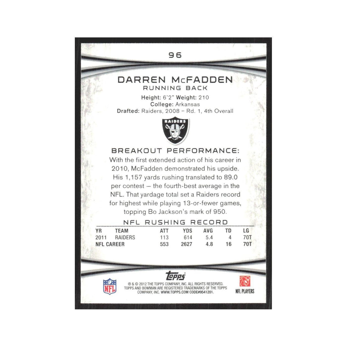 2012 Bowman Darren McFadden Raiders #96