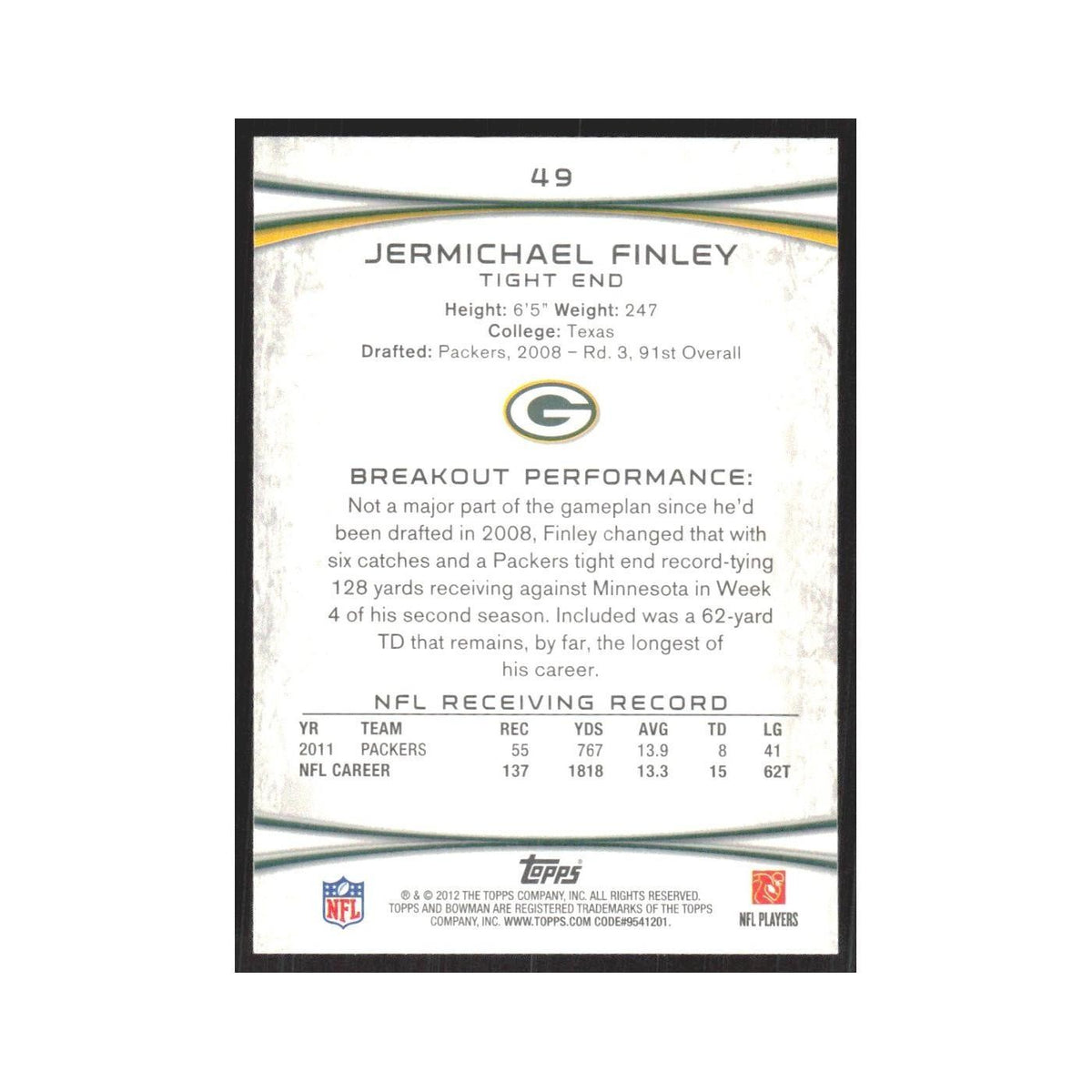 2012 Bowman Jermichael Finley Packers #49