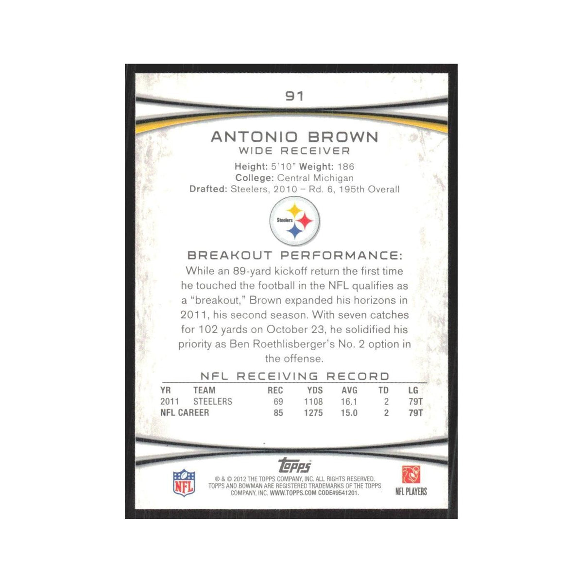 2012 Bowman Antonio Brown Steelers #91