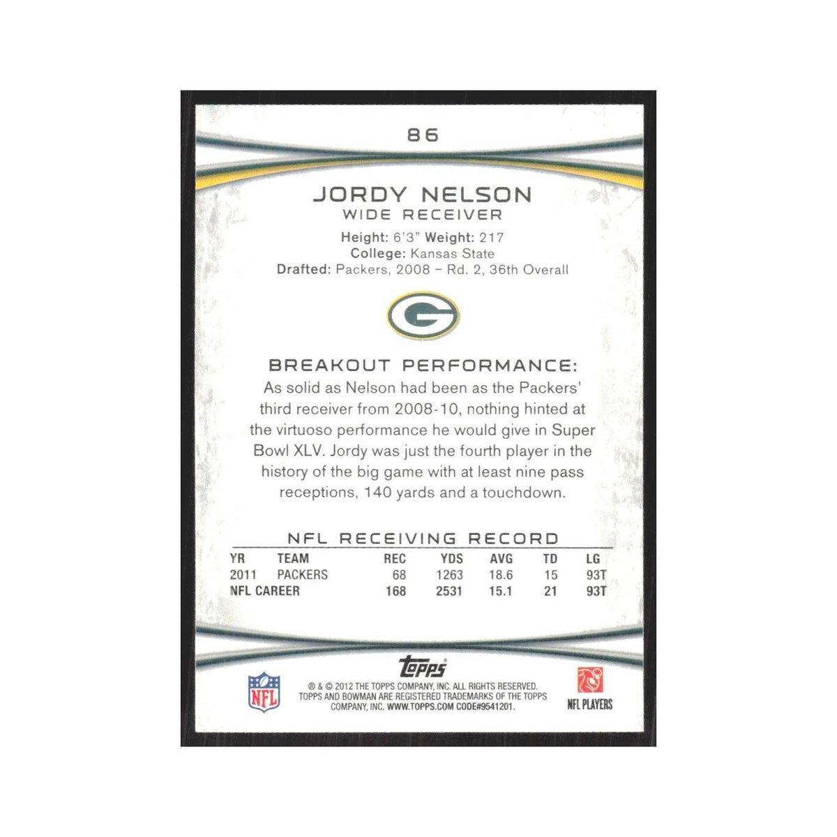 2012 Bowman Jordy Nelson Packers #86