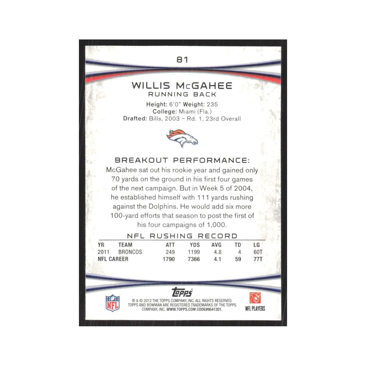 2012 Bowman Willis McGahee Broncos #81