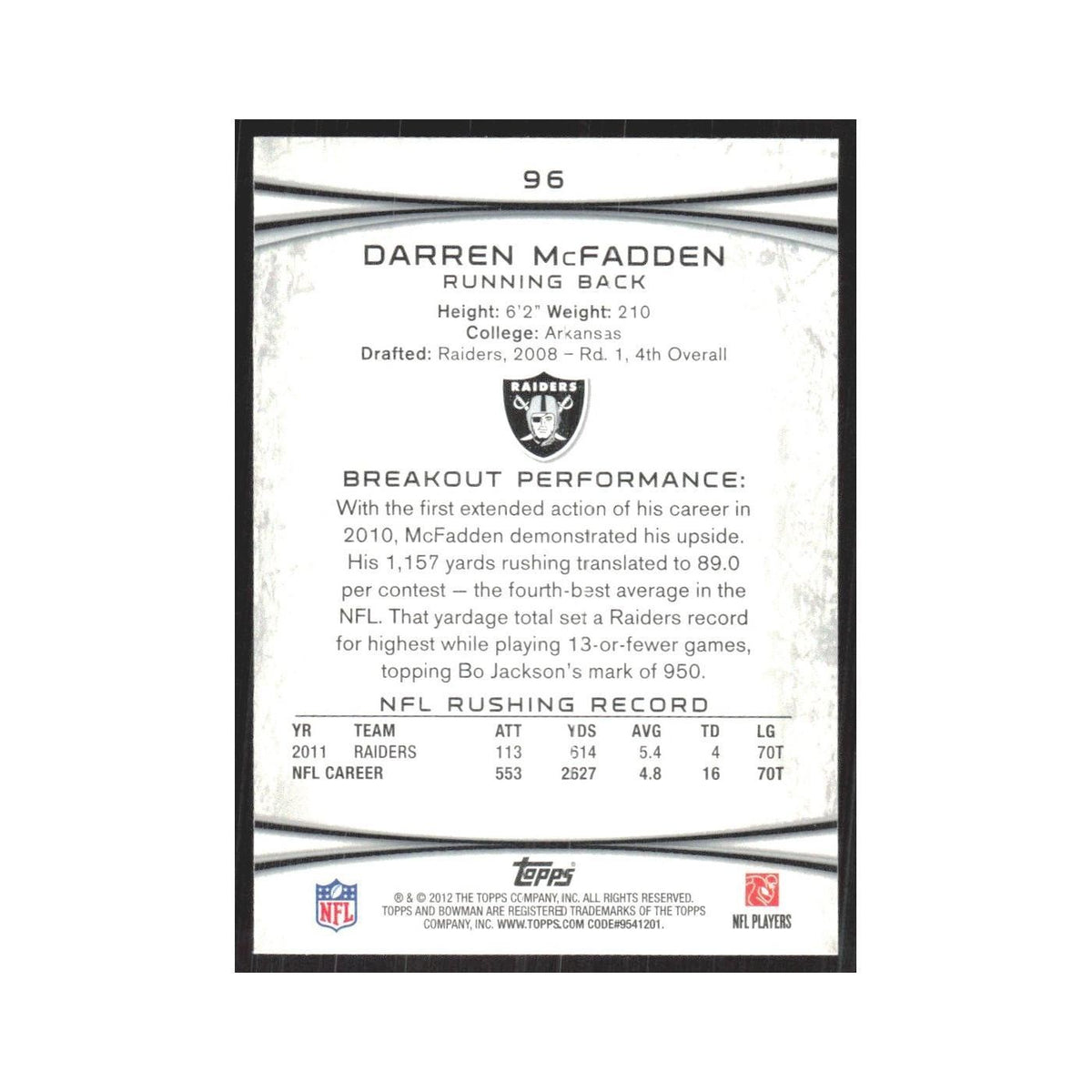 2012 Bowman Darren McFadden Raiders #96