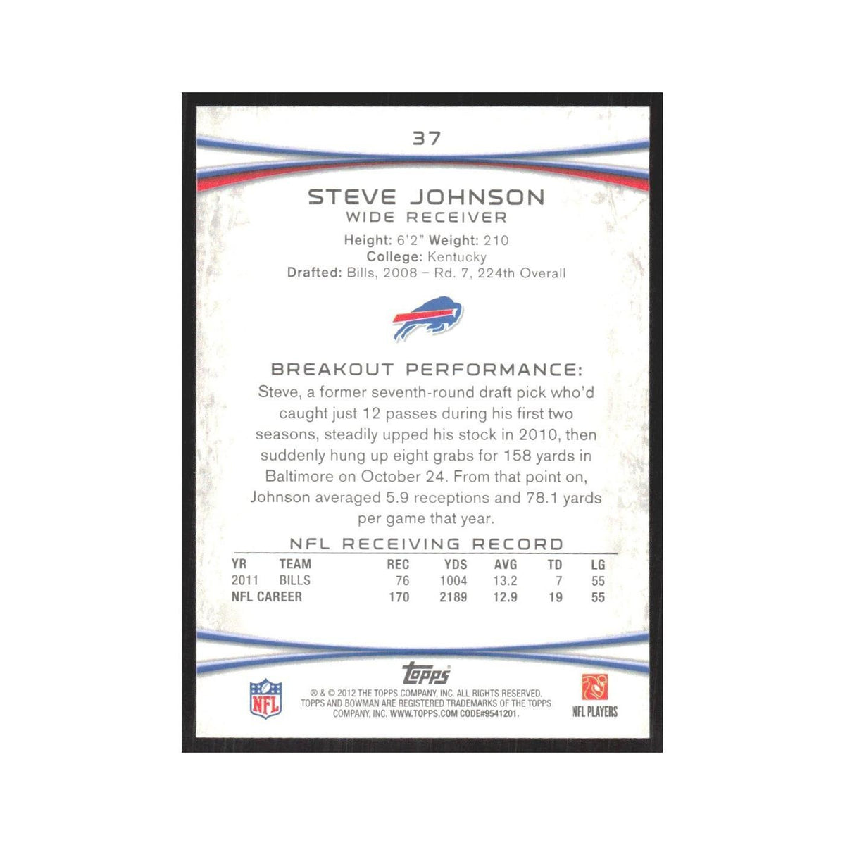 2012 Bowman Steve Johnson Bills #37