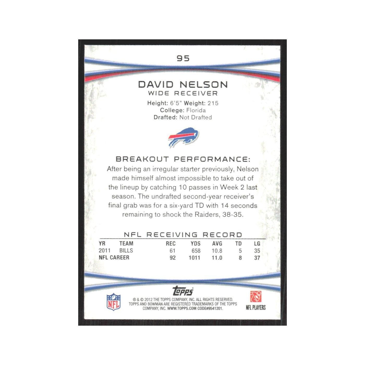 2012 Bowman David Nelson Bills #95