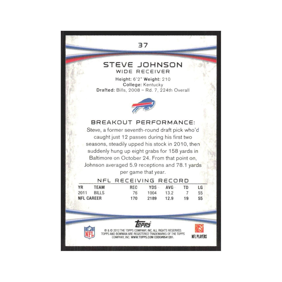 2012 Bowman Steve Johnson Bills #37