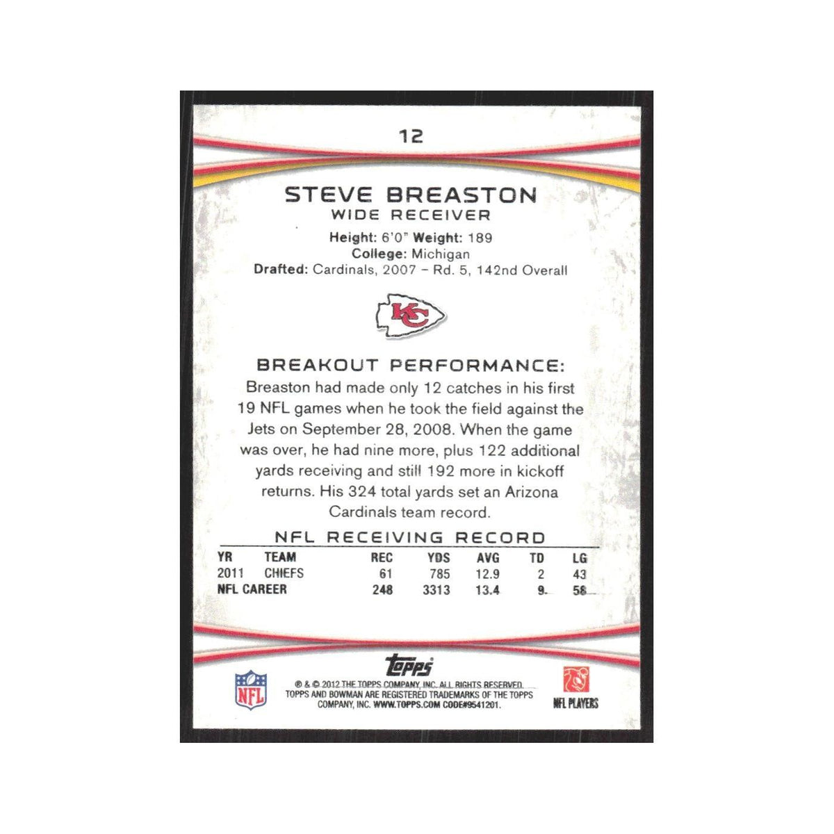 2012 Bowman Steve Breaston Chiefs #12