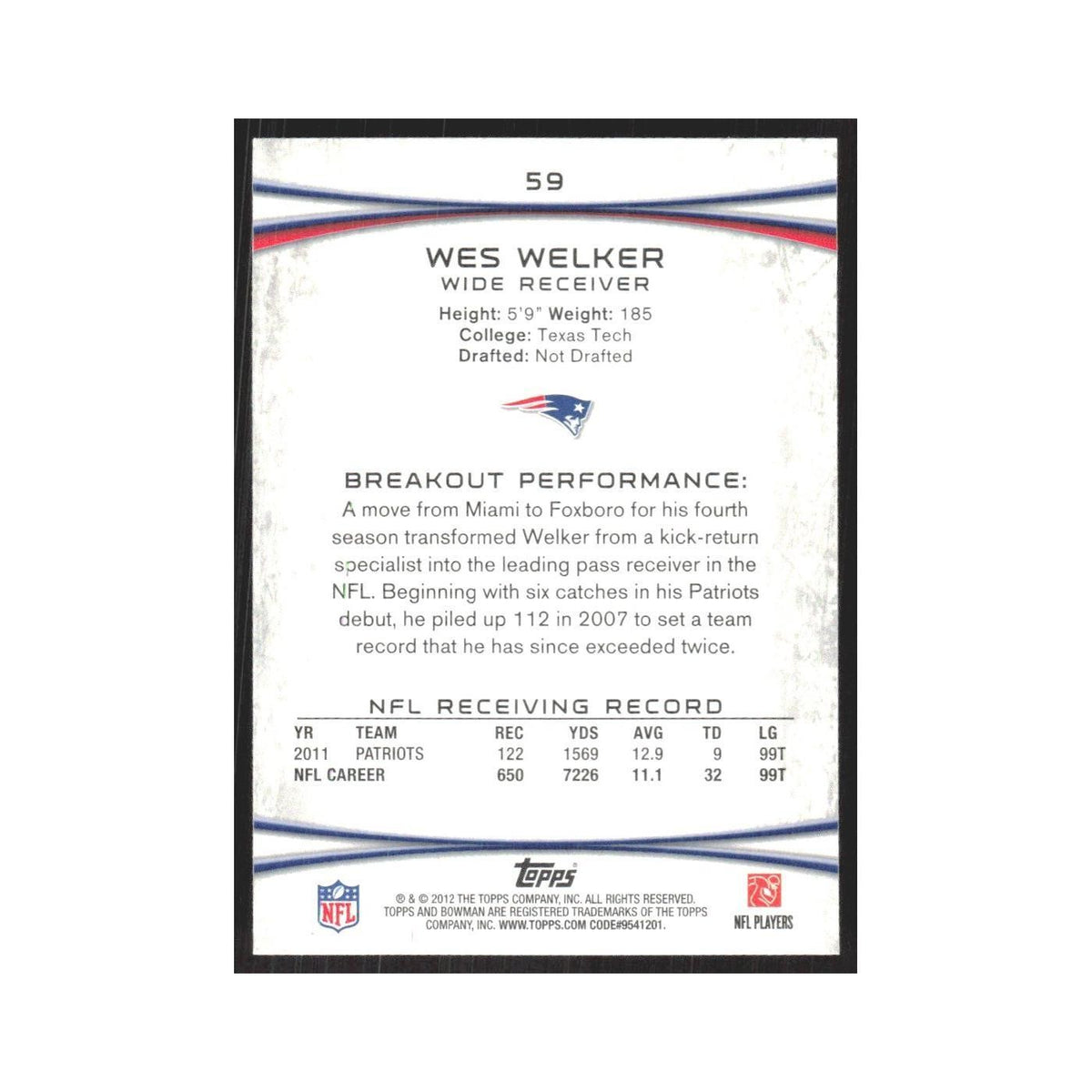 2012 Bowman Wes Welker Patriots #59