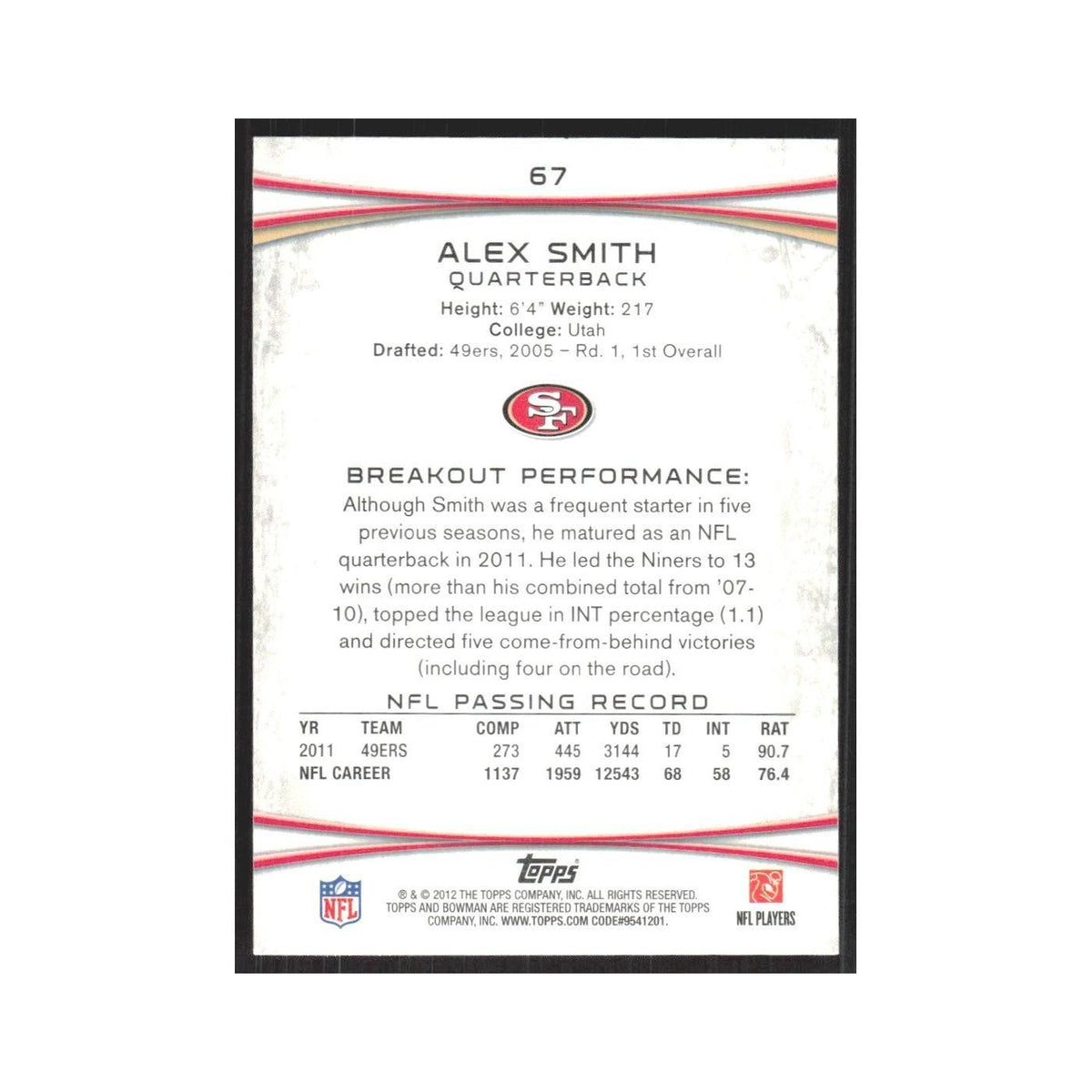 2012 Bowman Alex Smith 49ers #67