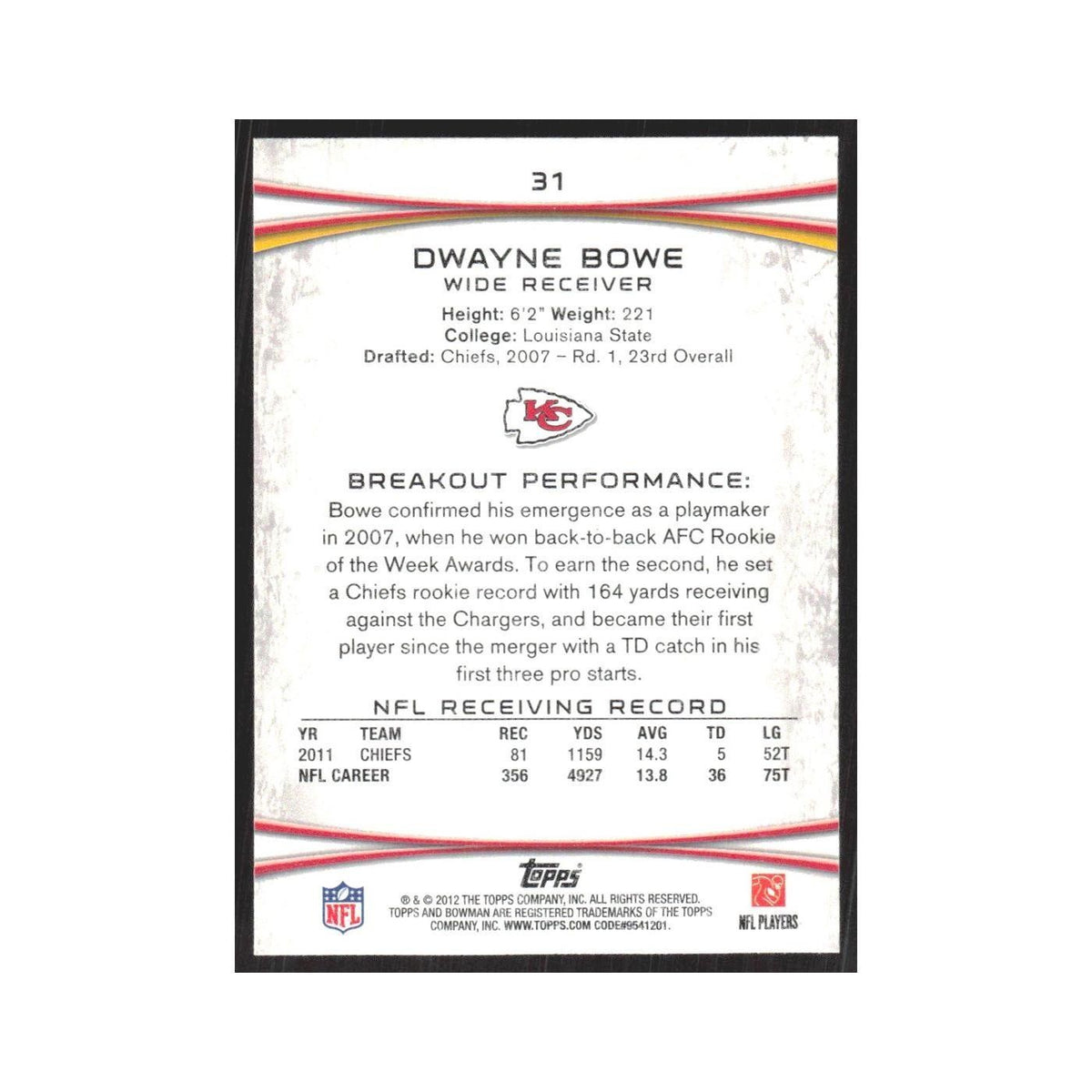 2012 Bowman Dwayne Bowe Chiefs #31