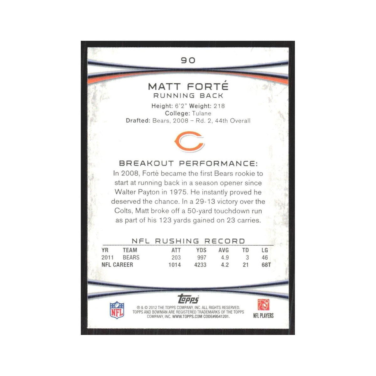 2012 Bowman Matt Forte Bears #90
