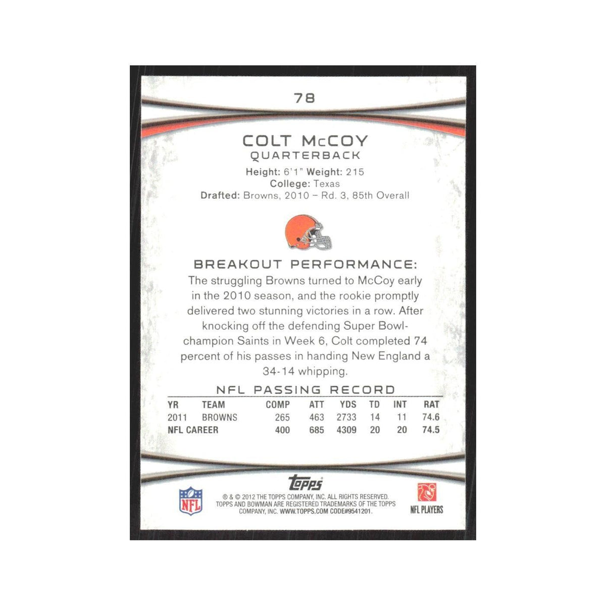 2012 Bowman Colt McCoy Browns #78