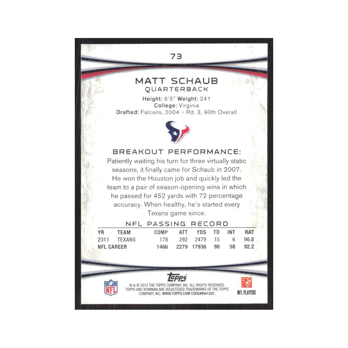 2012 Bowman Matt Schaub Texans #73