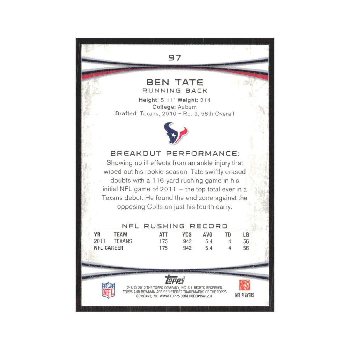 2012 Bowman Ben Tate Texans #97