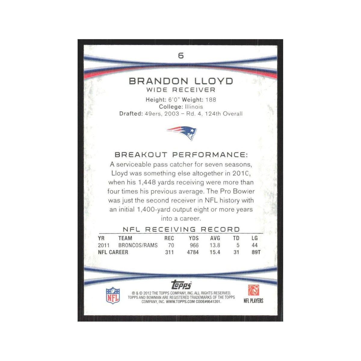 2012 Bowman Brandon Lloyd Patriots #6