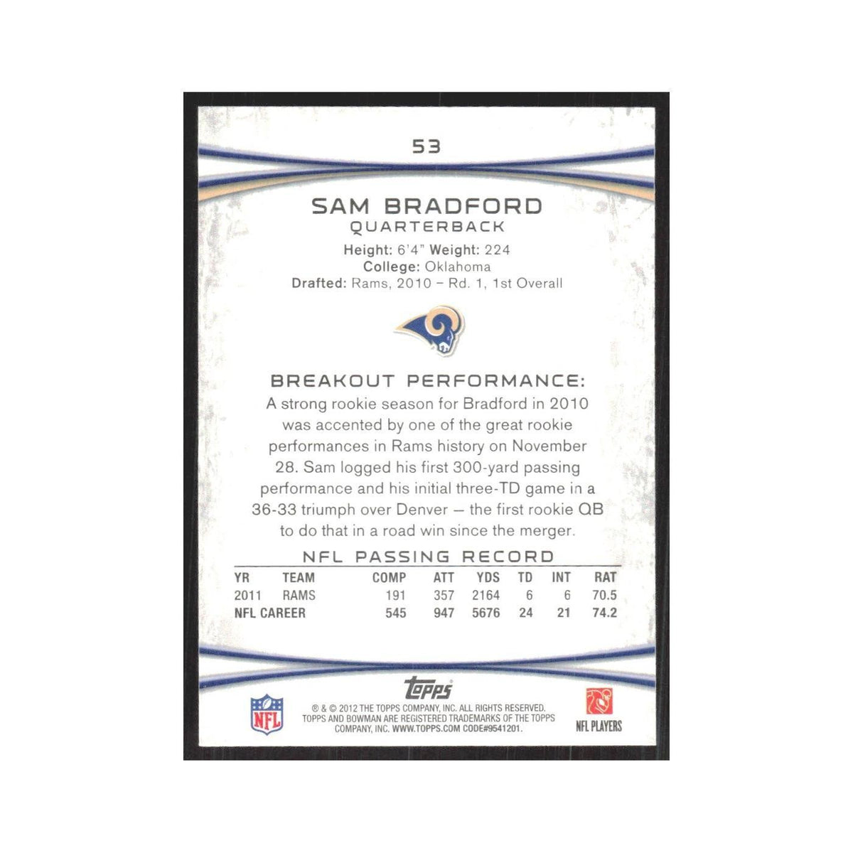 2012 Bowman Sam Bradford St. Louis Rams #53