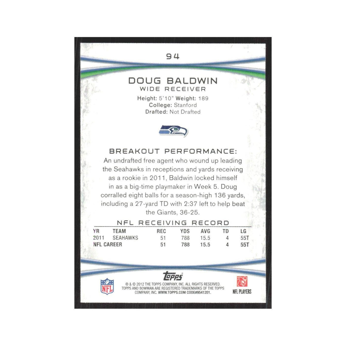 2012 Bowman Doug Baldwin Seahawks #94