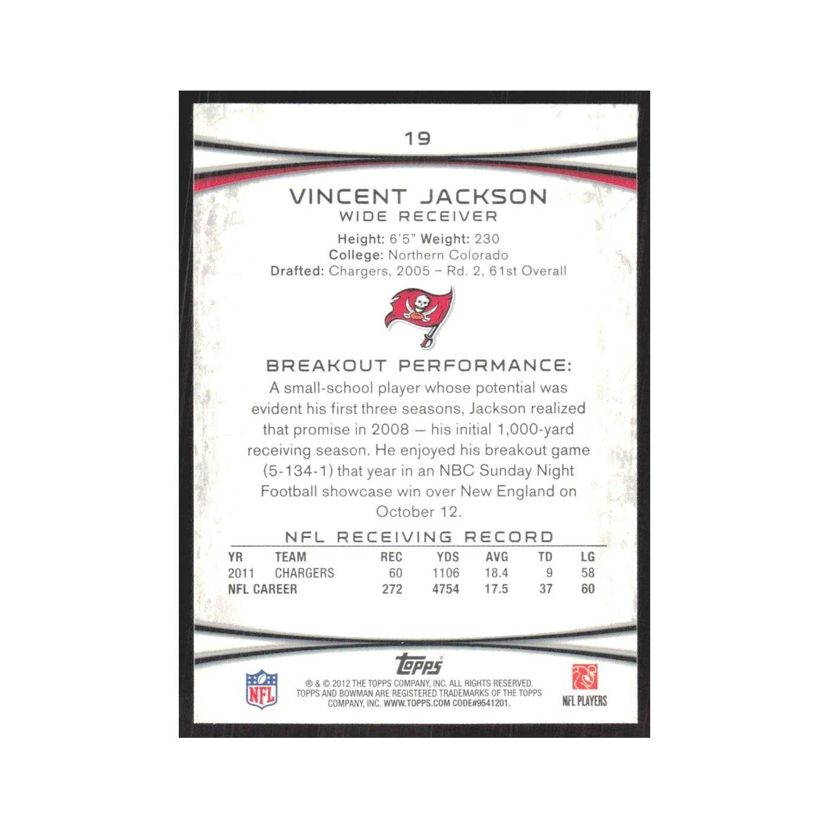 2012 Bowman Vincent Jackson Buccaneers #19