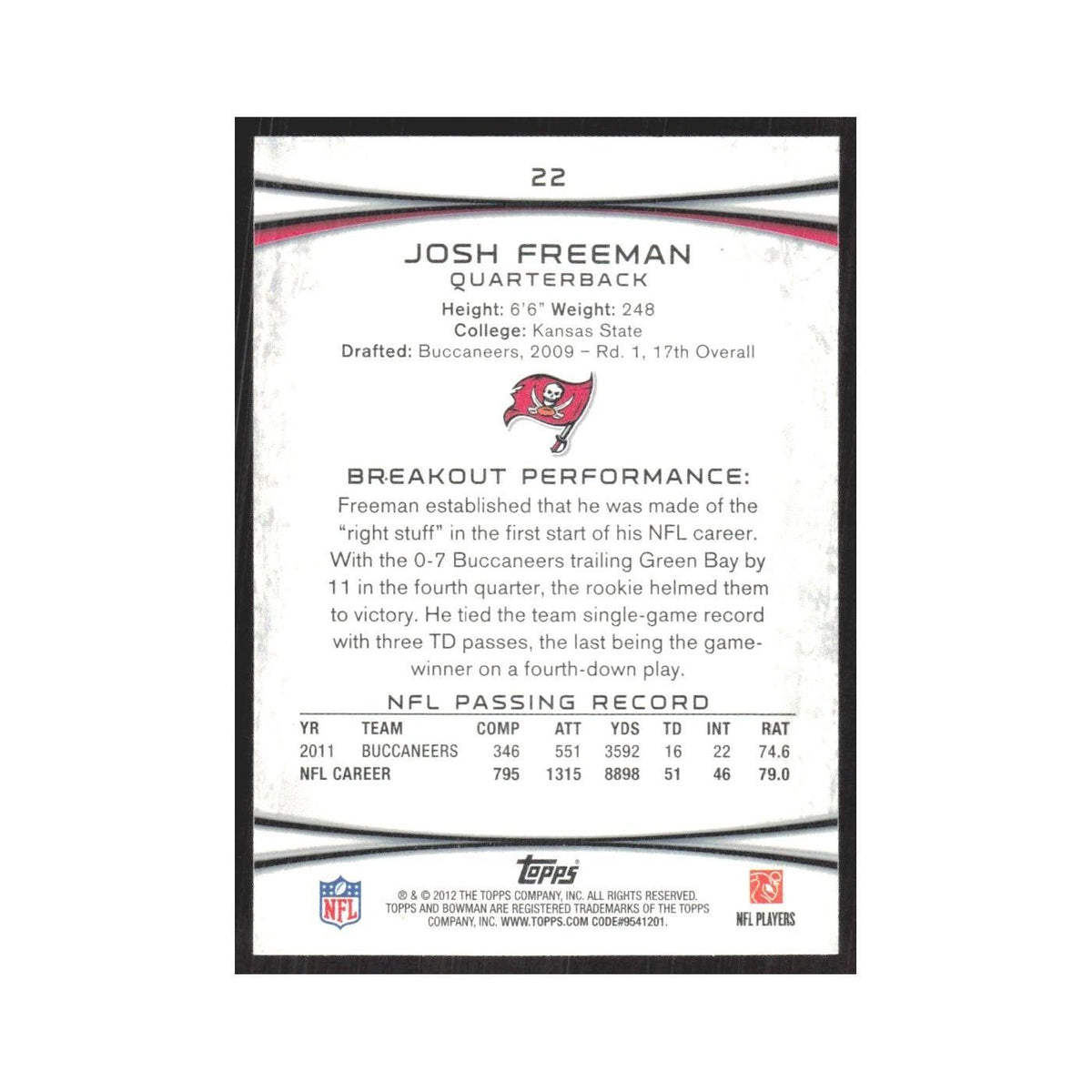 2012 Bowman Josh Freeman Buccaneers #22