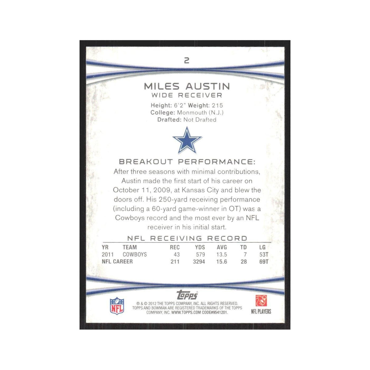 2012 Bowman Miles Austin Cowboys #2