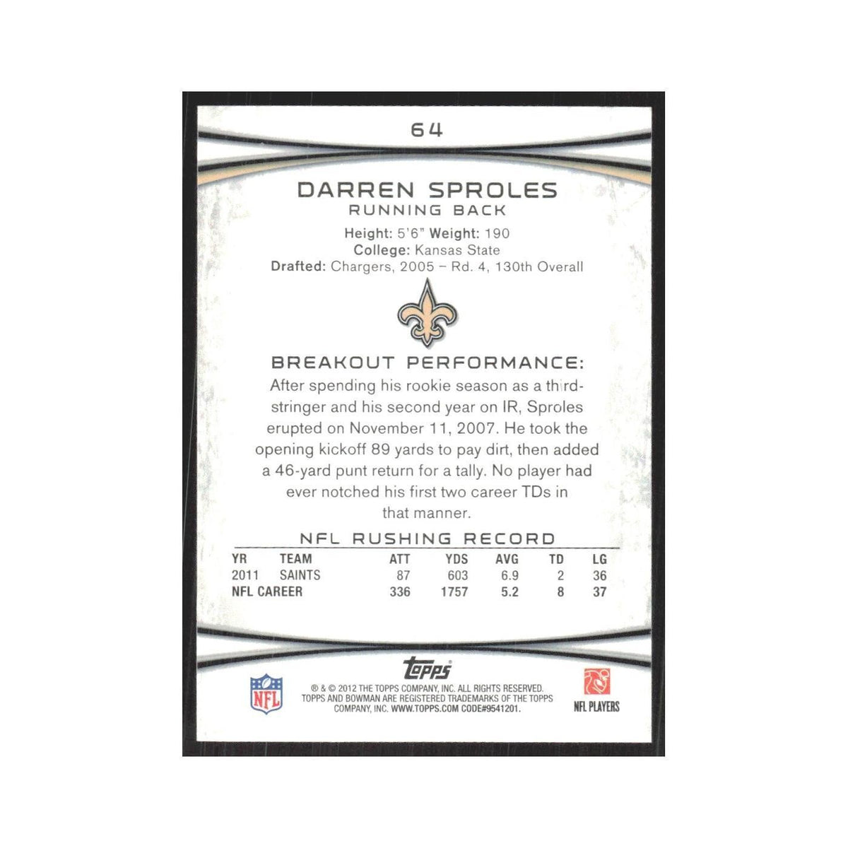 2012 Bowman Darren Sproles Saints #64