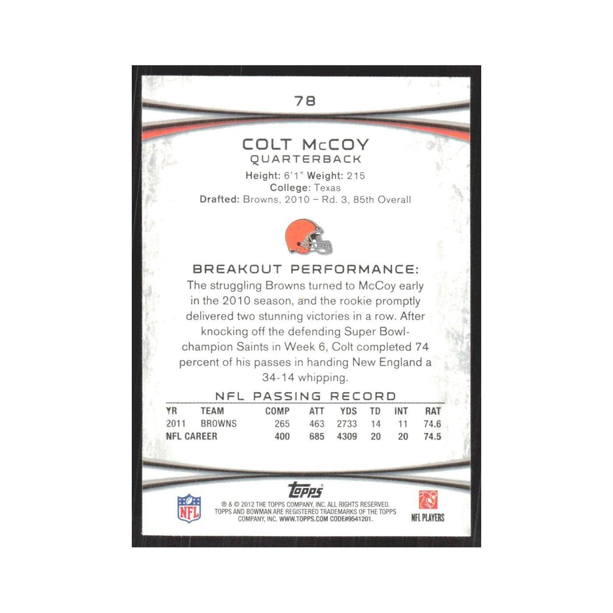 2012 Bowman Colt McCoy Browns #78
