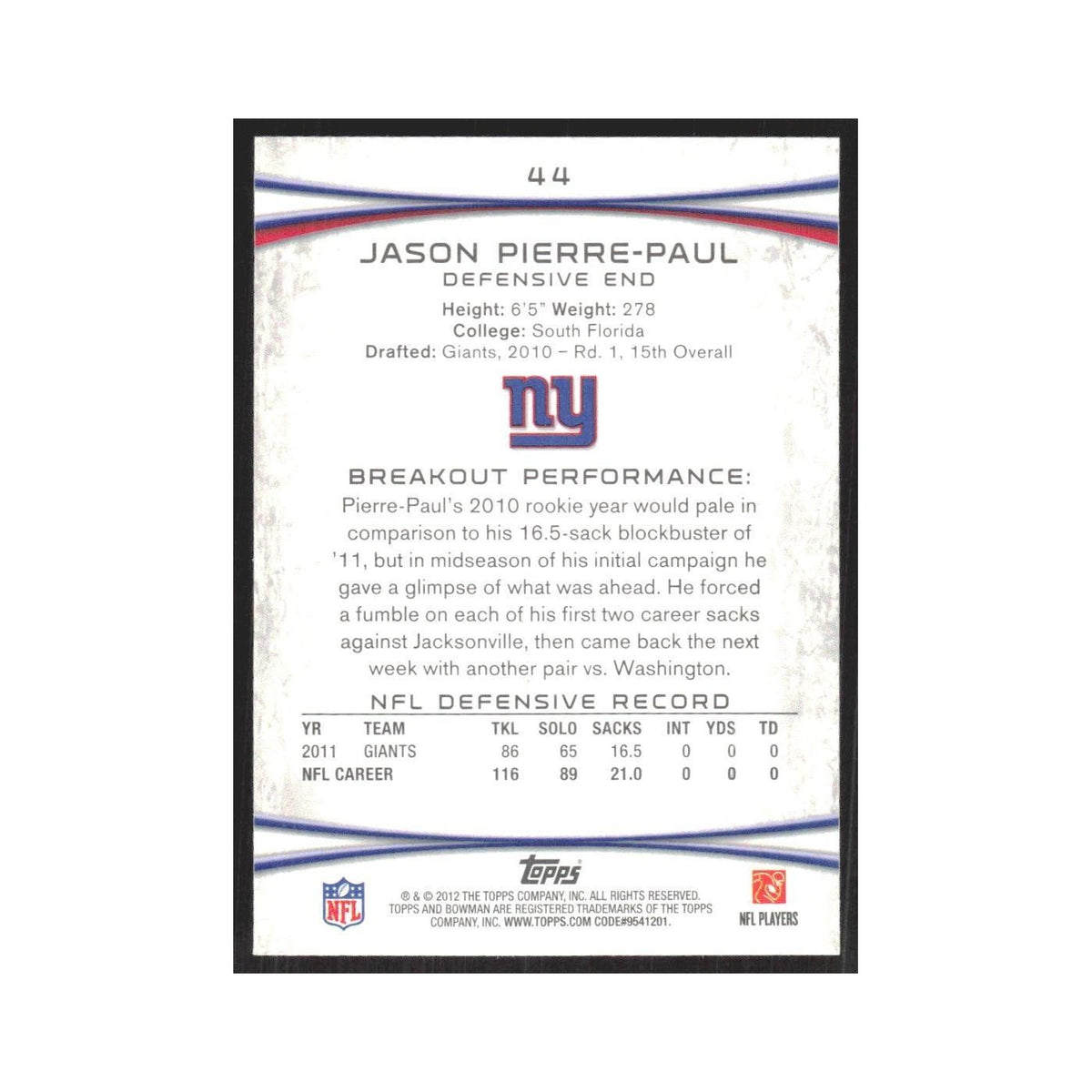 2012 Bowman Jason Pierre-Paul Giants #44