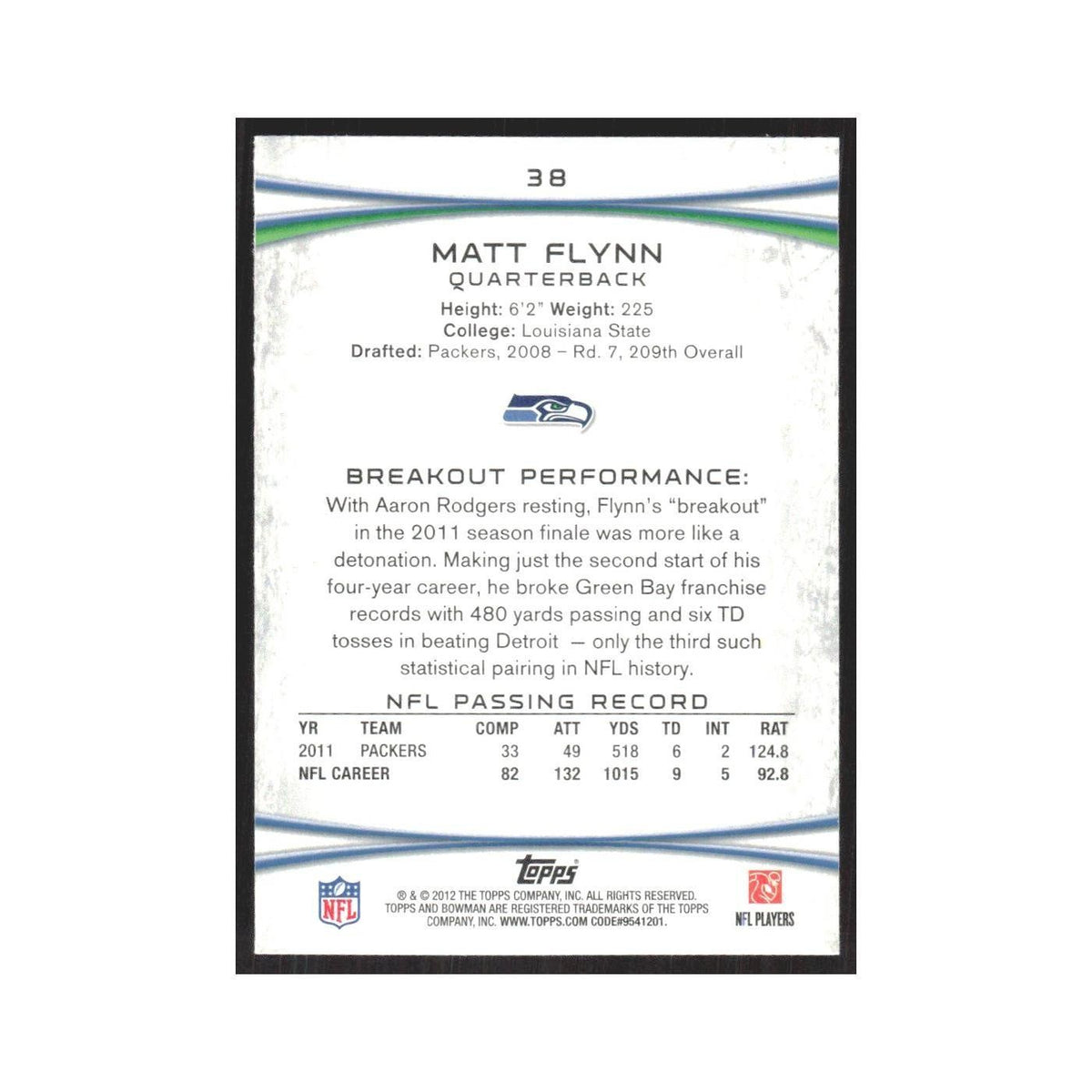 2012 Bowman Matt Flynn Seahawks #38