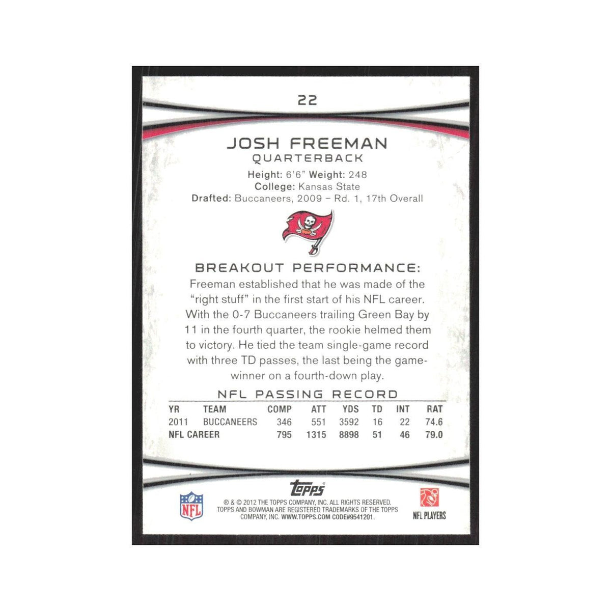 2012 Bowman Josh Freeman Buccaneers #22