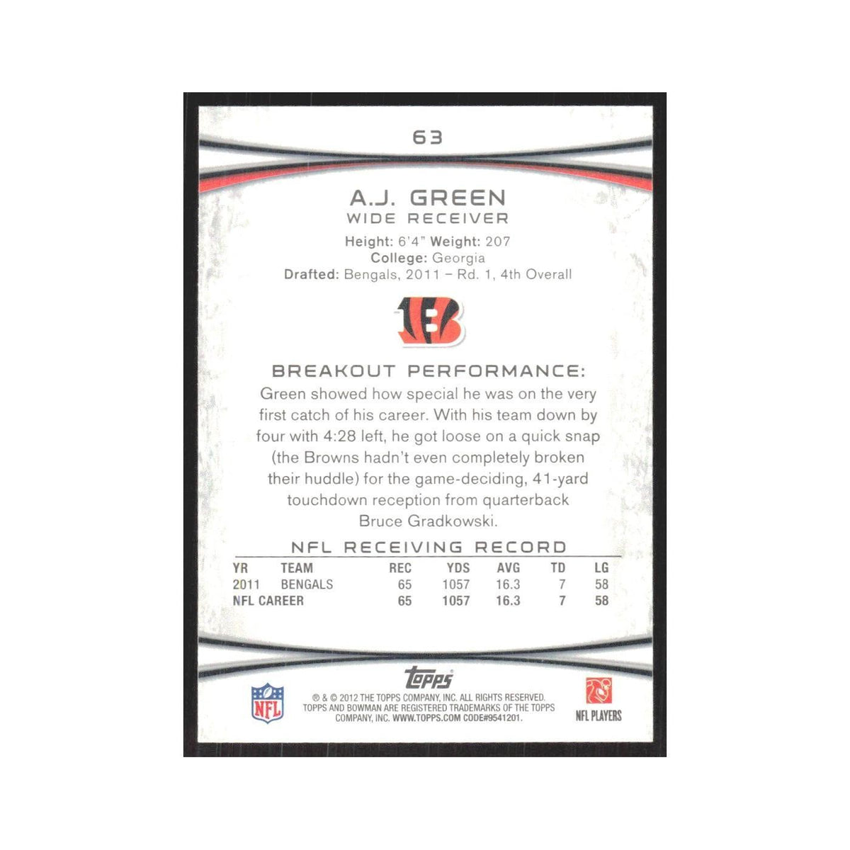 2012 Bowman A.J. Green Bengals #63