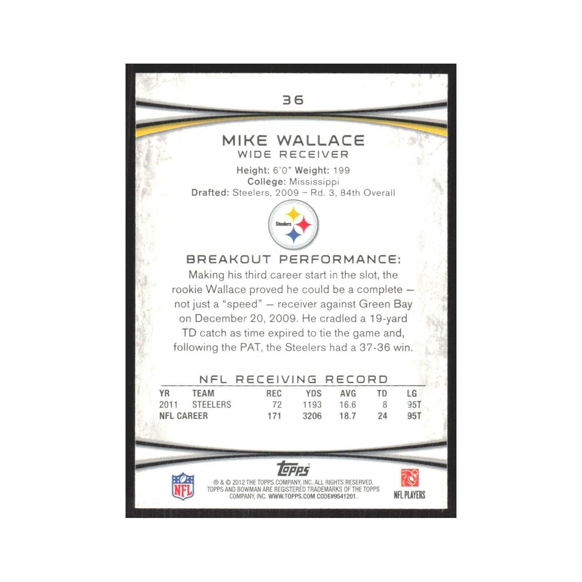 2012 Bowman Mike Wallace Steelers #36