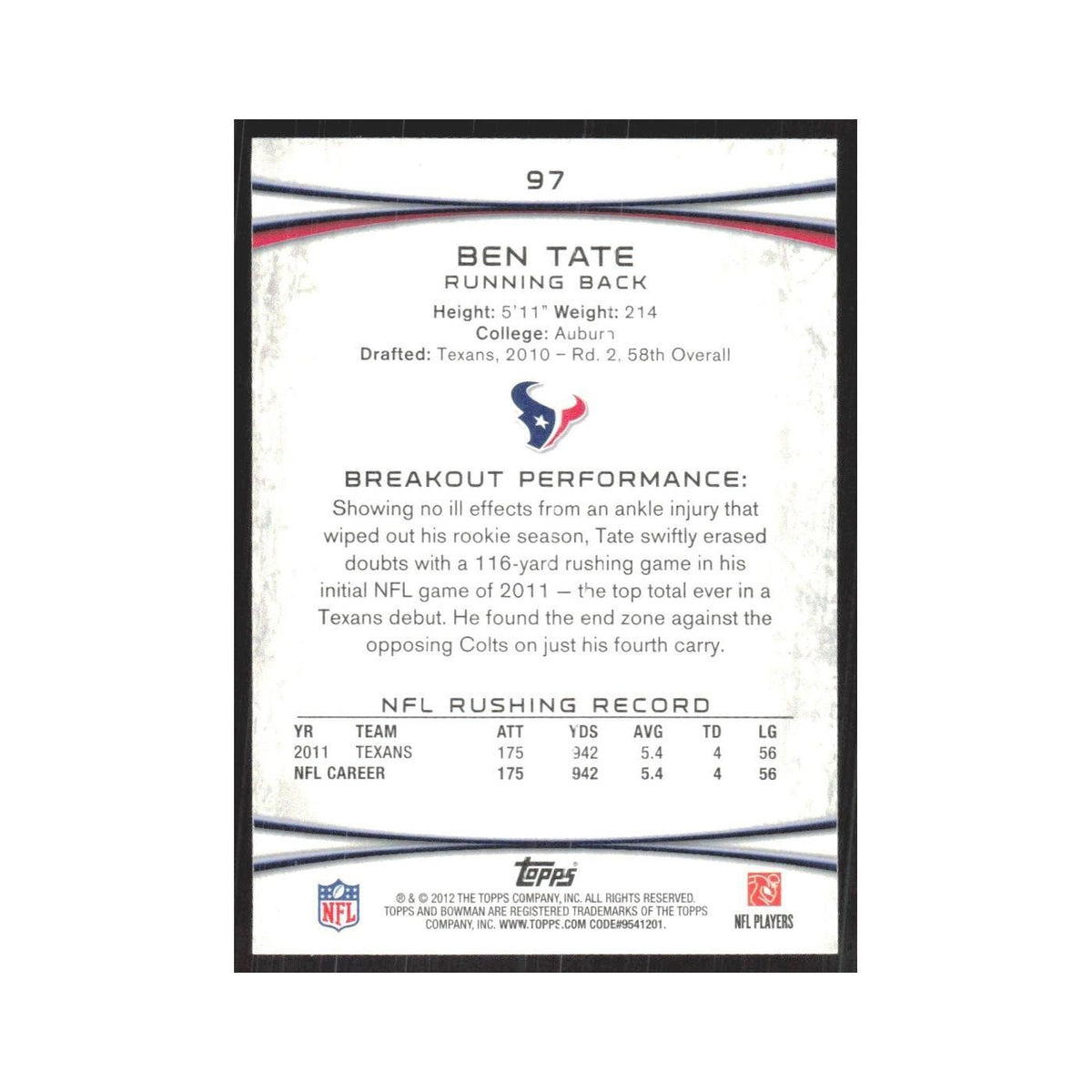 2012 Bowman Ben Tate Texans #97